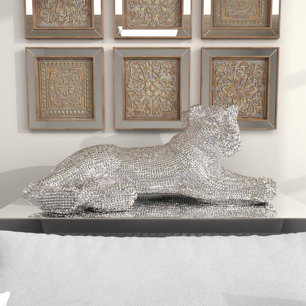 Silver Polystone Glam Leopard Floor Sculpture with Faceted Diamond Texture
