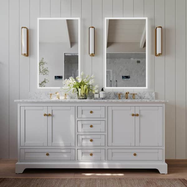 Ancerre Designs Audrey 72 in. W x 22 in. D Bath Vanity in White with Marble Vanity Top in White with White Basins