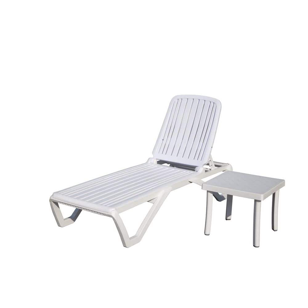 2-Piece White Plastic Outdoor Chaise Lounge with Adjustable Recliner and Co
