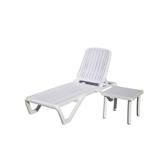 Unbranded 2-Piece White Plastic Outdoor Chaise Lounge with Adjustable Recliner and Coffee Table for in-Pool, Beach, Poolside, Lawn