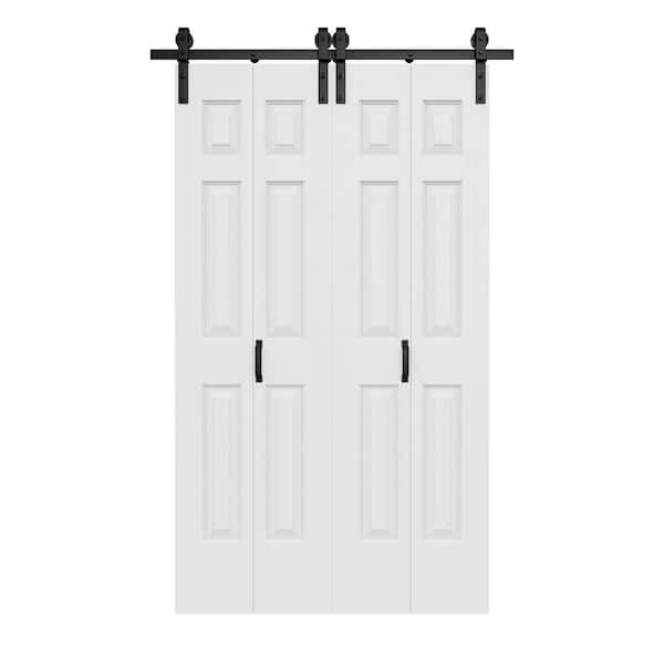 48 in. x 84 in. Paneled 6-Lite White Primed Hollow Core MDF Composite Bi-fold Door with Bifold Barn Door Hardware