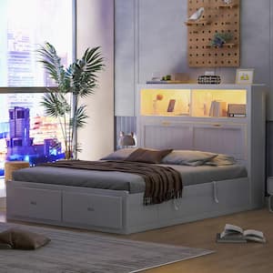 White Wood Frame Queen Platform Bed with Side-Tilt Hydraulic Storage, Storage LED Headboard, USB Charging, 2-Drawers