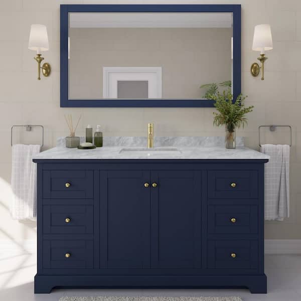 Wyndham Collection Avery 60 in. W x 22 in. D Bathroom Vanity in Dark Blue with Marble Vanity Top in White Carrara with White Basin