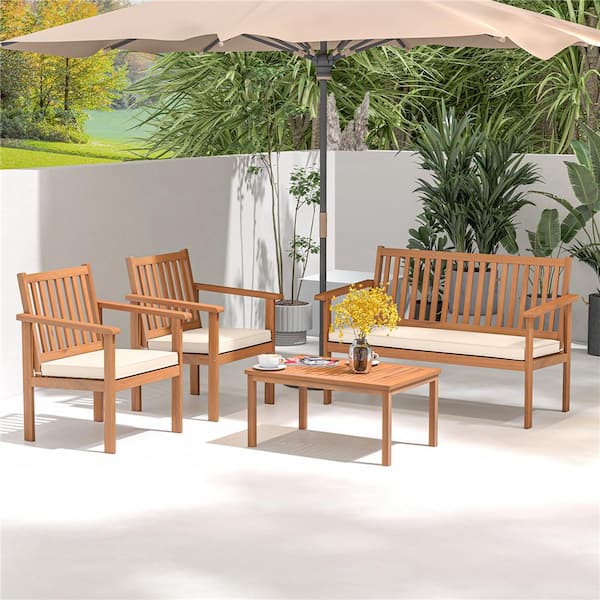 White 4-Piece Wood Patio Conversation Set with Loveseat, 2 Chairs and Coffee Table for Porch