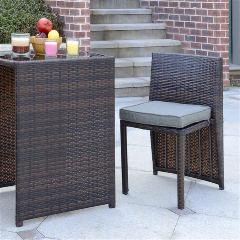 3-Pieces Wicker Patio Conversation Set with Gray Cushion Outdoor Dining Set