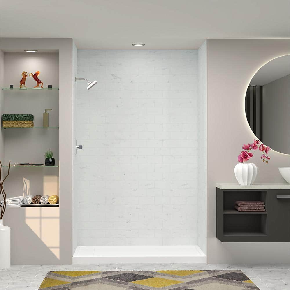 White Venito Subway Tile Adhesive Shower Wall Kit, 36" x 60" x 96"
