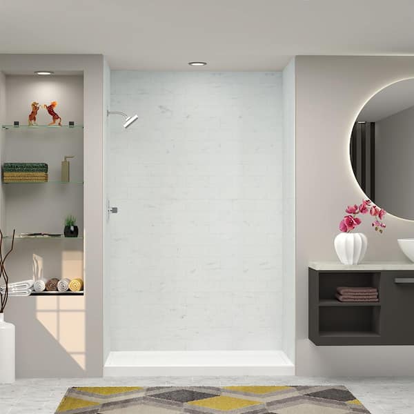SaraMar 36 in. x 60 in. x 96 in. 3-Piece Easy Up Adhesive Alcove Shower Wall Surround in White Venito
