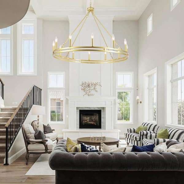 12-Light Gold Candlestick Circle Wagon Wheel Chandelier Linear Island Chandelier Lighting for Kitchen Island