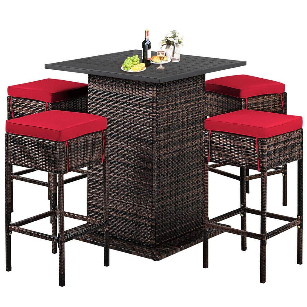 Red Cushioned 5-Piece Brown Wicker Outdoor Bar Set with Storage