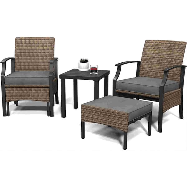 Mondawe 5-Piece Wicker Patio Conversation Set Dinning Chair and Side Table Set with Grey Cushions and Foot Rest