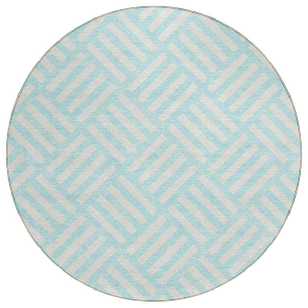 HomeRoots Aqua, Ivory 8 ft. Round Woven Geometric Polyester Round ...