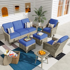 Leila 6-Piece Wicker Patio Conversation Seating Sofa Set with Navy Blue Cushions and Swivel Rocking Chairs