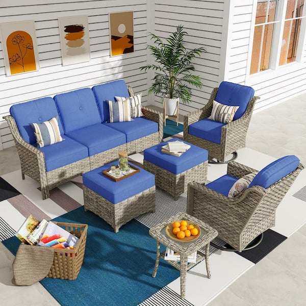 XIZZI Leila 6-Piece Wicker Patio Conversation Seating Sofa Set with Navy Blue Cushions and Swivel Rocking Chairs