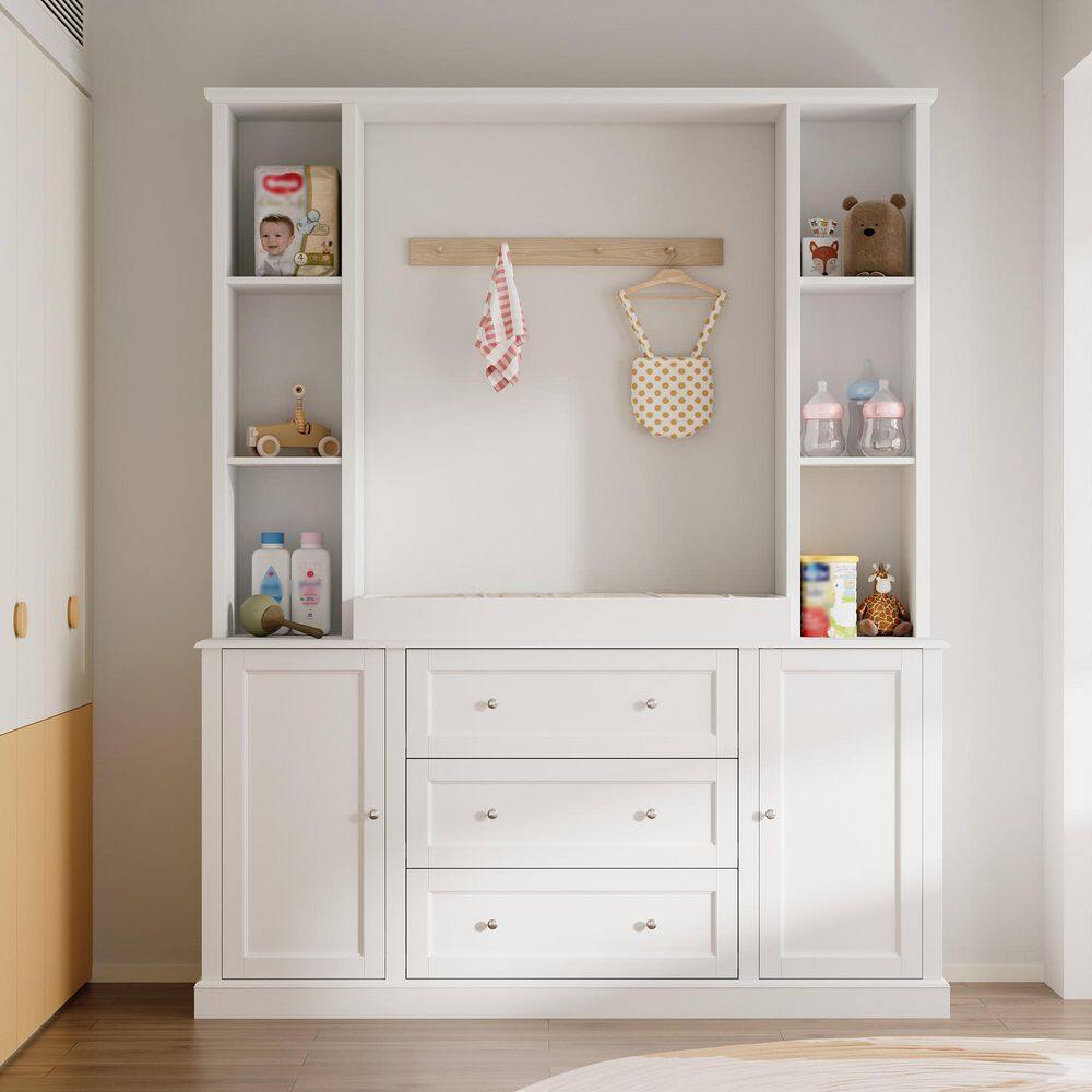 78.7 in. H White Platform Bridge Changing Table, TV console with Removeable Changing Tray, 2-Door, 3-Drawer & 10-Shelf