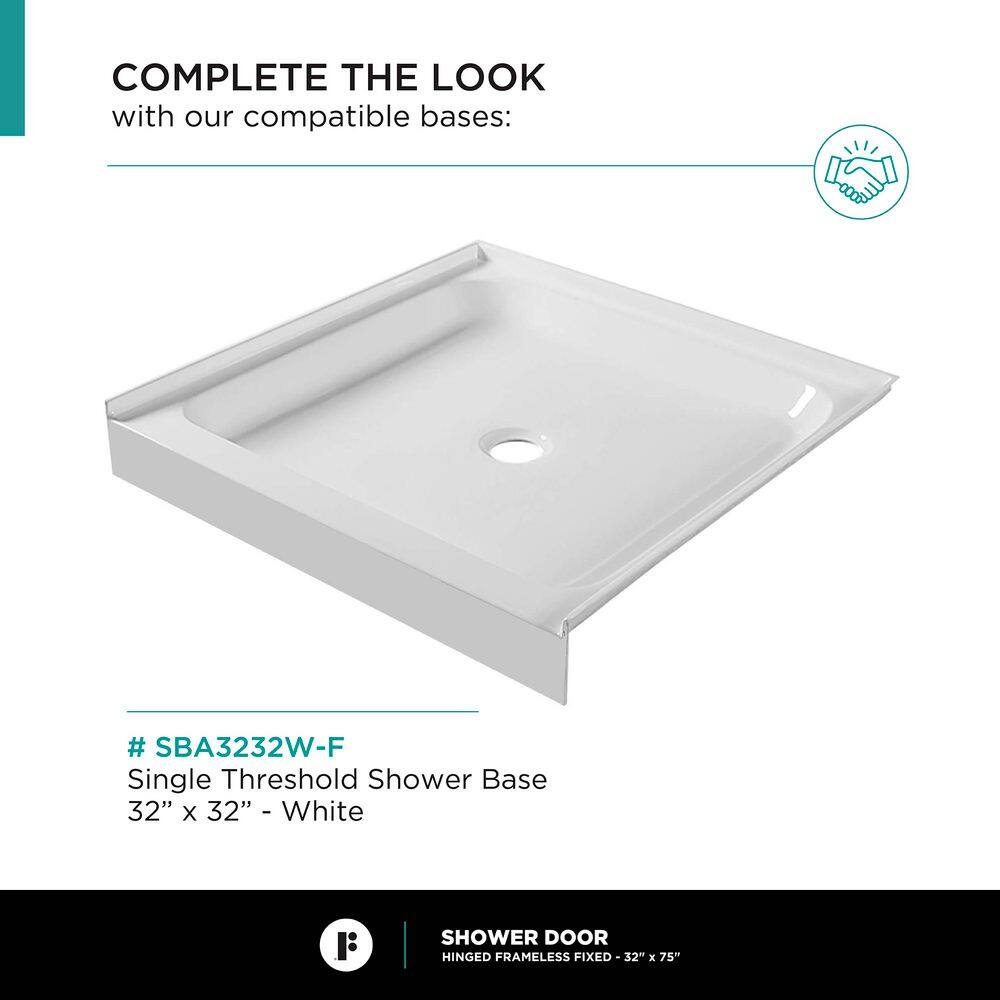 32'' Black Hinged Frameless Shower Door with Clear Tempered Glass
