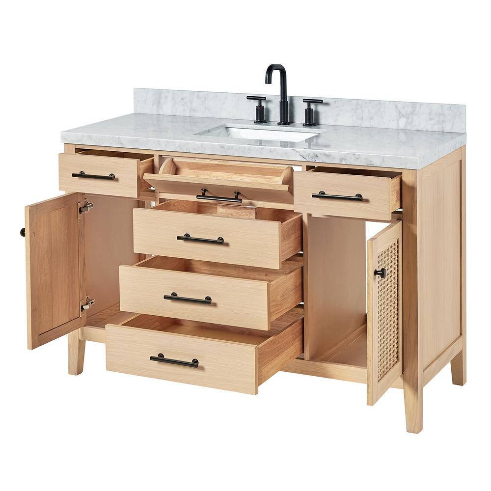 Camila 55" Light Brown Oak Single Sink Bathroom Vanity with Carrara Marble Top