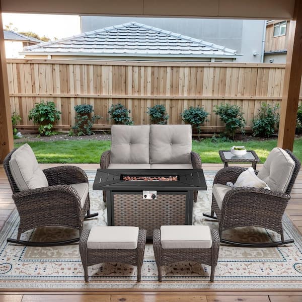 Brown 7-Piece Wicker Patio Fire Pit Set, Outdoor Glider Seating Set with Olefin Beige Cushions and Rocking Chairs