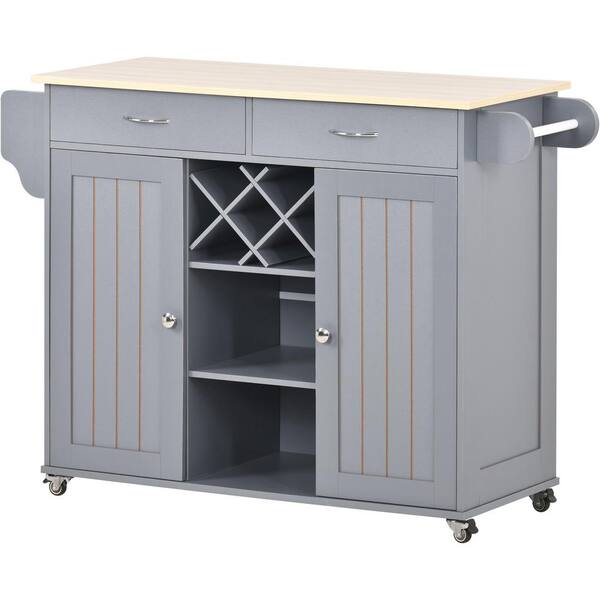 Cesicia Blue Rubber Wood Top 48 in. W Kitchen Island on 4-Wheels with 2-Door Cabinet and 2-Drawers