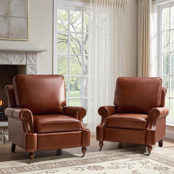 Lily Saddle Genuine Leather Armchair Set of 2 with Nailhead Trim