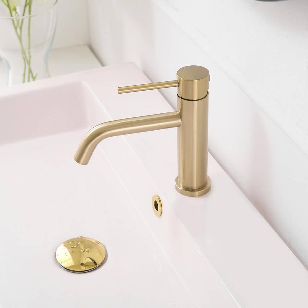 Brushed Gold Single Handle Low-Arc Bathroom Faucet with Drain