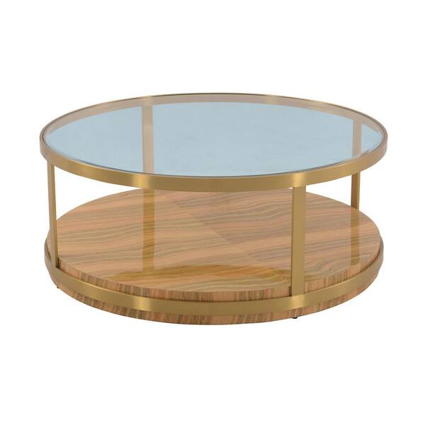 HomeRoots Mariana 43 in. Brushed Gold Legs Round Glass Coffee Table with Shelves, and Storage