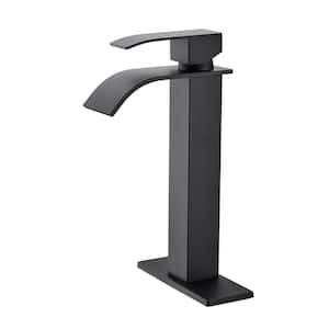 Waterfall Single Handle Low Arc Single Hole Bathroom Faucet with Deckplate Included in Matte Black
