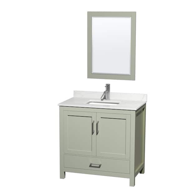 Wyndham Collection Sheffield 36 in. W x 22 in. D x 35 in. H Single Bath Vanity in Light Green with Giotto Quartz Top and 24 in. Mirror