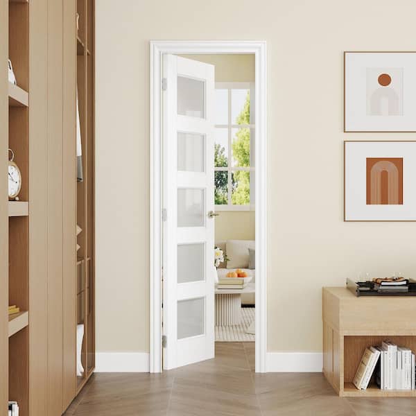 18 in. x 80 in. Single 5-Lite Frosted Glass Solid Core White Primed MDF Multi-usage Interior Door Slab without Hardware