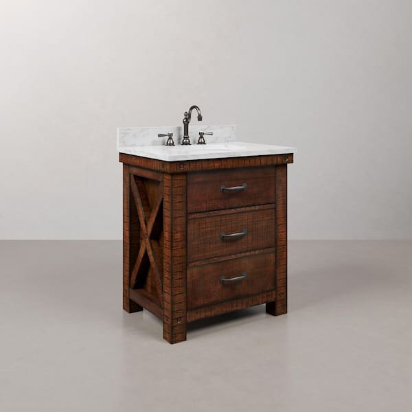 Aberdeen 30 in. W x 22 in. D Vanity in Rustic Sienna with Marble Vanity Top in White with White Basin, Faucet and Mirror