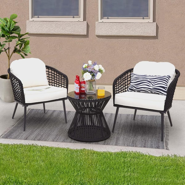 Nuu Garden 3-Piece Wicker Outdoor Bistro Set with White Cushion