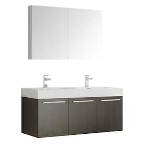 Vista 48 in. Vanity in Gray Oak with Acrylic Vanity Top in White with White Basins and Mirrored Medicine Cabinet