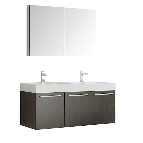 Fresca Vista 48 in. Vanity in Gray Oak with Acrylic Vanity Top in White with White Basins and Mirrored Medicine Cabinet