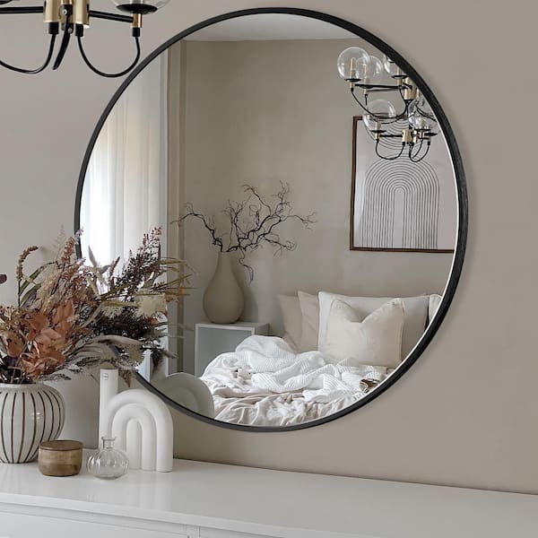 36.1 in. W x 36.1 in. H Black Round Aluminum Alloy Frame Bathroom Mirror Vanity Wall Mirror