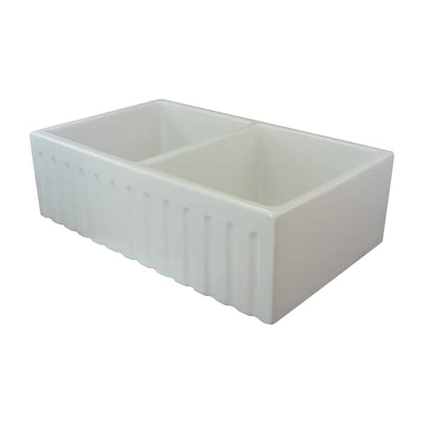 Transolid Logan Farmhouse Apron Front Fireclay 32.67 in. Equal Double Bowl Kitchen Sink in White