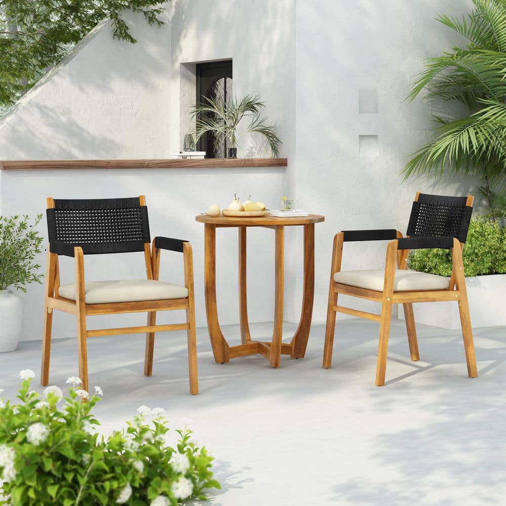 Allen 3-Piece Teak Finish Wood and Black Rope Round Patio Outdoor Bistro Set with Beige Cushions, Cross Leg Table Base