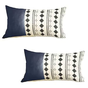 Navy Blue Boho Handcrafted Vegan Faux Leather Lumbar Abstract Geometric 12 in. x 20 in. Throw Pillow Cover (Set of 2)