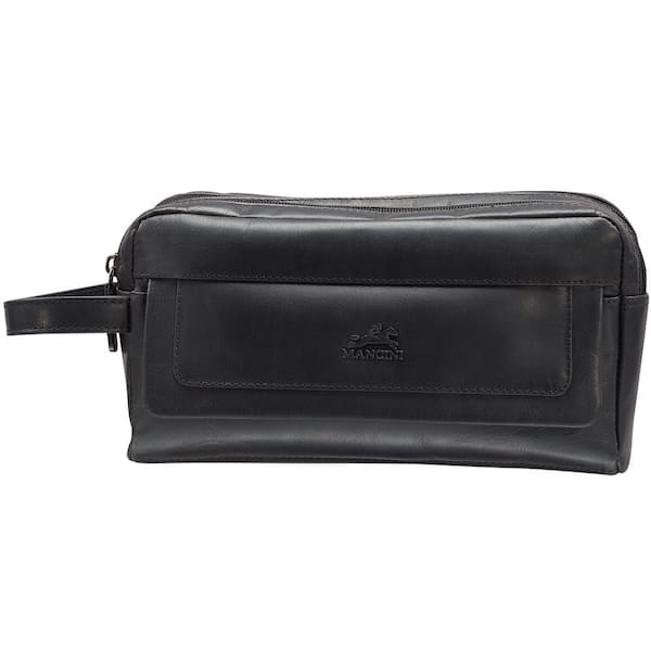 MANCINI Buffalo Collection Black Leather Double Compartment Top Zipper Toiletry Kit