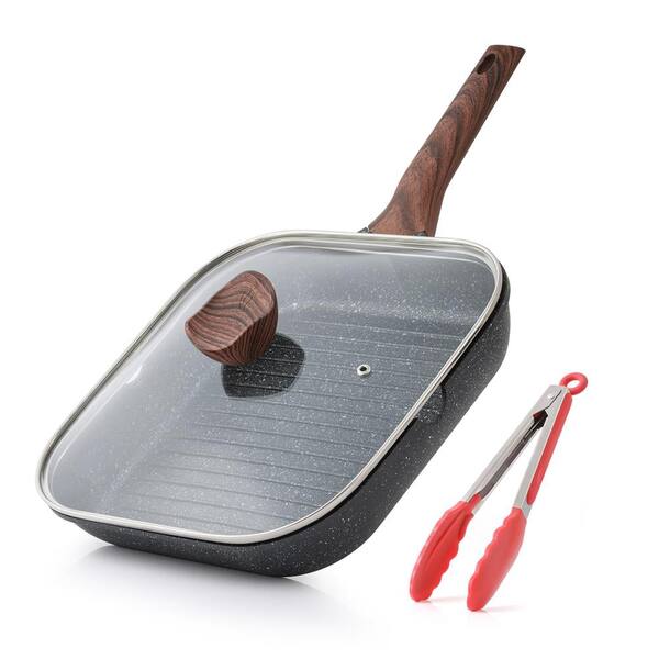 11 in. Grill Pan Nonstick Lid and Pour Spouts Black 2-Piece