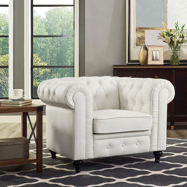 MAYKOOSH White Chesterfield Single Sofa Chair for Living Room, Mid Century Arm Chair W/Rolled Arms, Tufted Cushion