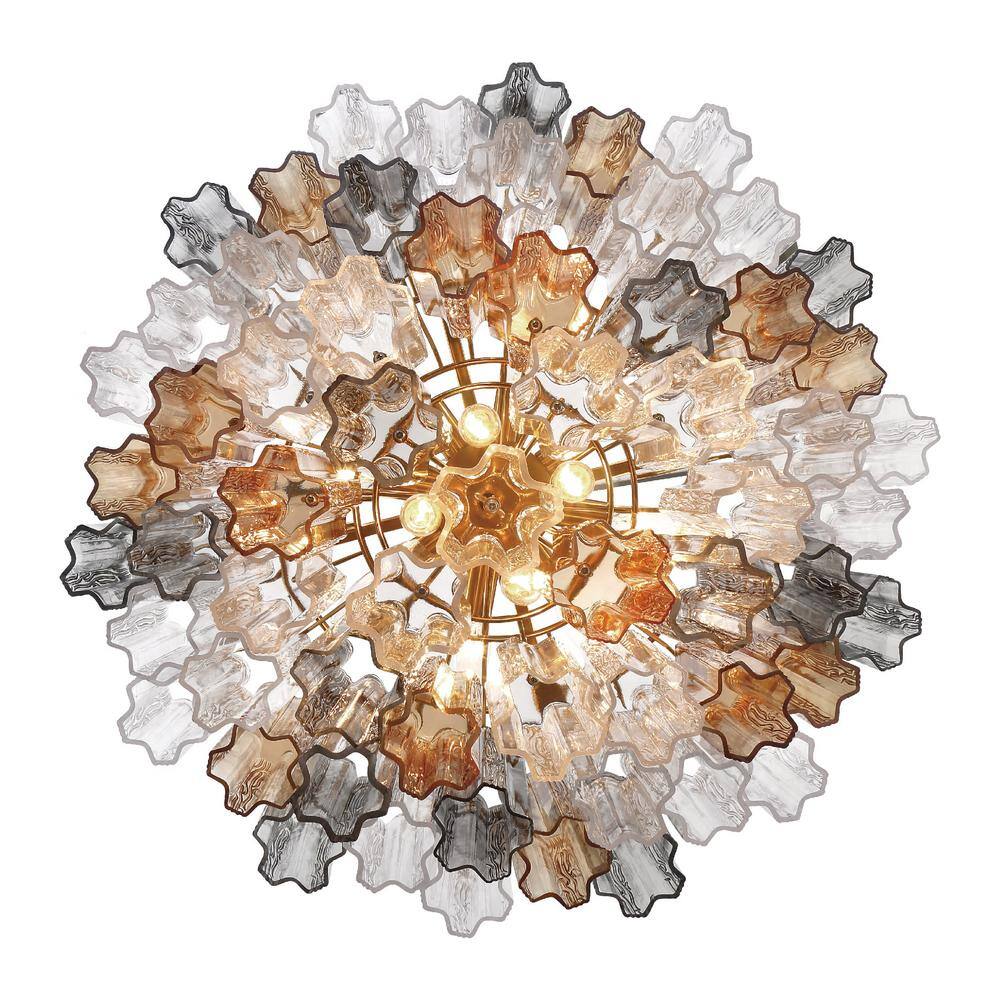 Aged Brass and Crystal 12-Light Chandelier with Tronchi Glass