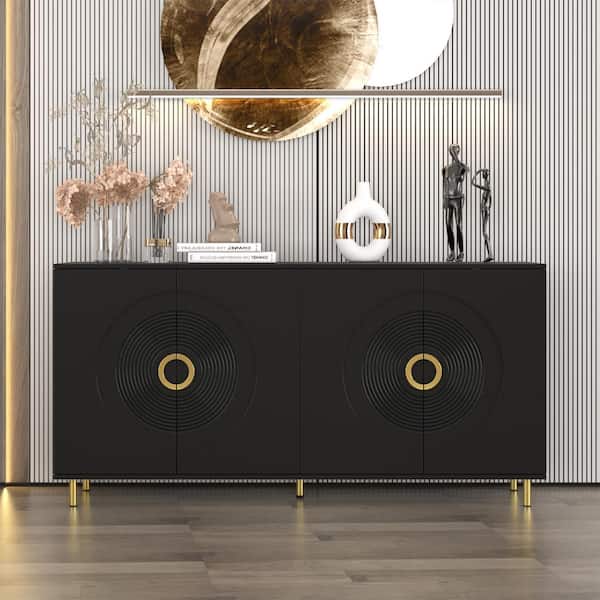 FUFU&GAGA Black Wood 63 in. Width Sideboard, Storage Cabinet, Foodpantry with 4-Shelves and 4-Doors