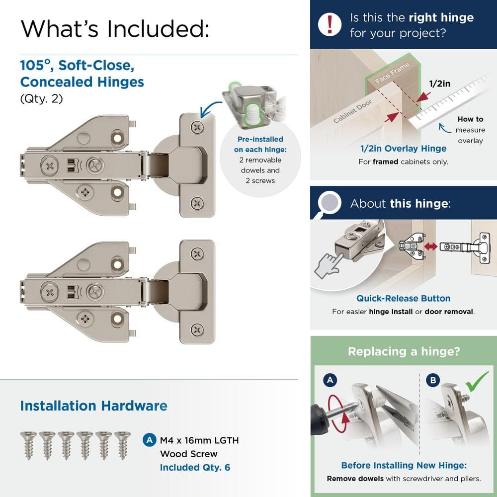 Nickel Soft Close Euro Concealed Cabinet Hinge Pair