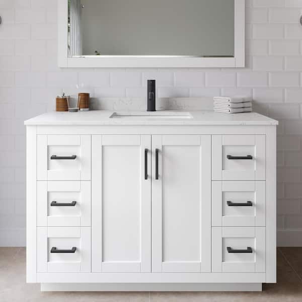 Wyndham Collection Miranda 48 in. W Single Bath Vanity in White with Cultured Marble Vanity Top in LV Carrara with White Basin and Mirror