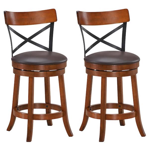 Costway Patio 38.5 in. Brown Bar Stools Dining Bar Chairs with Rubber Wood Legs (Set of 2)