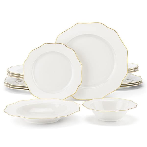Lotus 16-Piece White with Gold Trim Bone China Dinnerware Set (Service for 4)