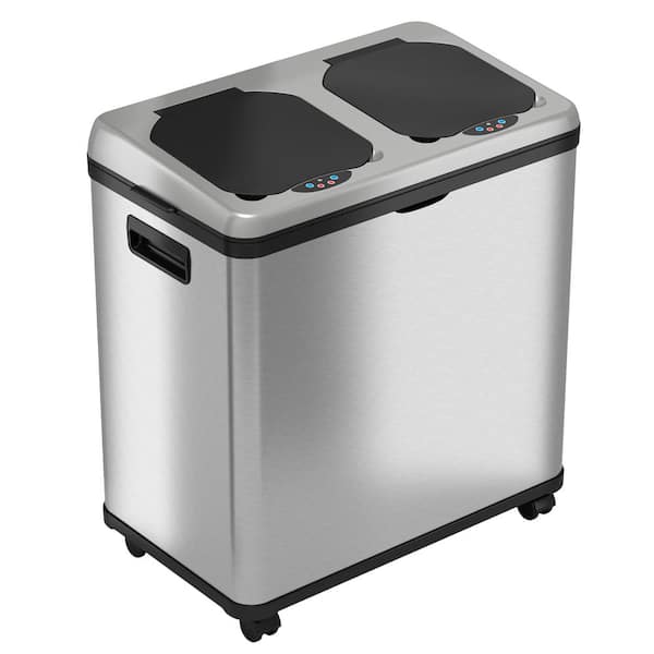 HALO 16 Gal. Stainless Steel Rolling Touchless Sensor Trash Can and Recycle Bin Combo Unit with Wheels