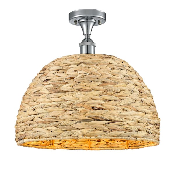 Woven Rattan 15.75 in. 1-Light Polished Chrome Farmhouse Semi-Flush Mount with Shade