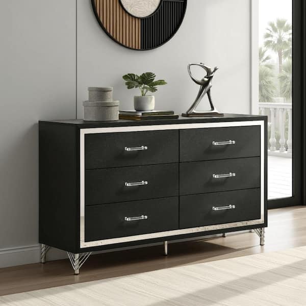 black and silver dresser with mirror The Lindenfield Black / Silver 5 Pc. Dresser, Mirror, King Upholstered Bed available at Wier Furniture serving Lewistown, MT and surrounding areas