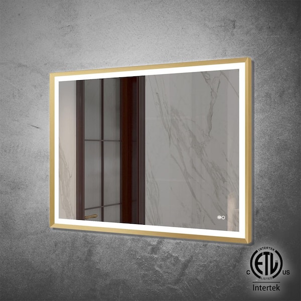 48 in. W x 36 in. H Rectangular Framed Wall LED Bathroom Vanity Mirror in Brushed Gold, Dimmable, Backlit and Frontlit