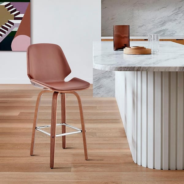 Armen Living Arabela 26 in Counter Height Swivel Stool w/ High Back Brown Faux Leather and Walnut Wood Finish